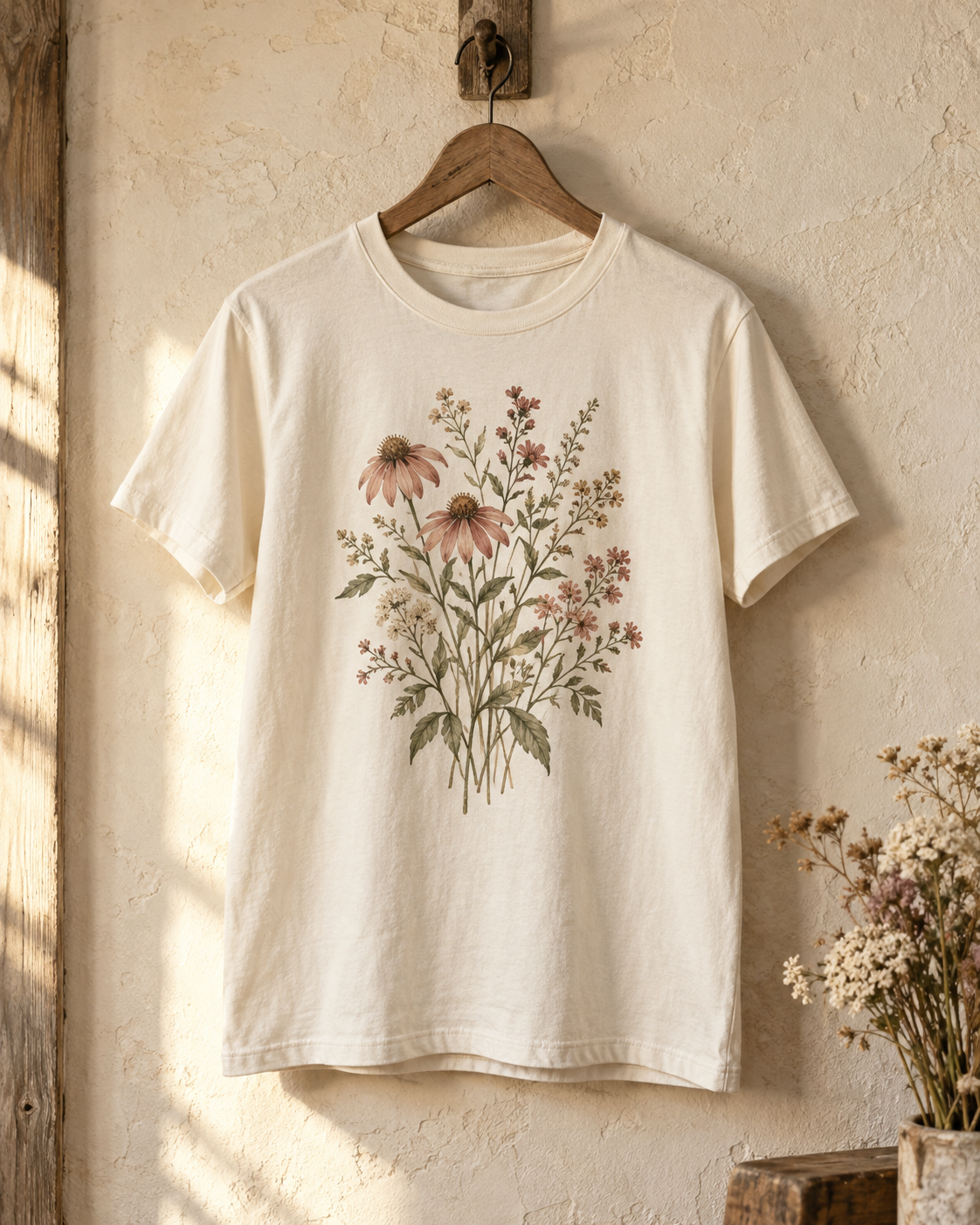 Concept mockup of a cream T-shirt on a wooden hanger, with dusty rose and sage wildflowers printed on the chest
